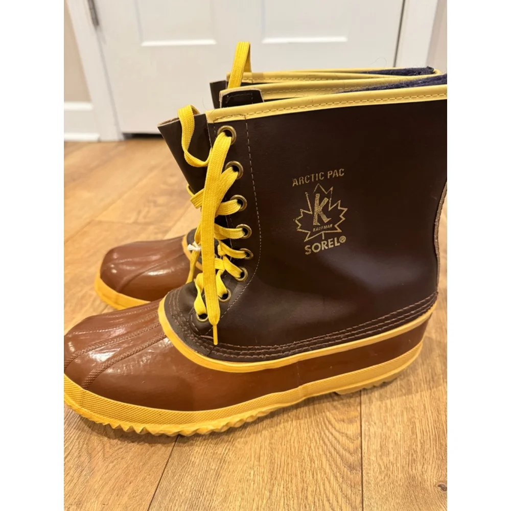 Men’s Vintage Sorel Arctic Pac Winter Boots Size 14 Brown Yellow
